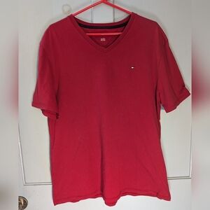 ♥️ Tommy Hilfiger mens red XL, V neck t- shirt, V stitch in back of shirt logo